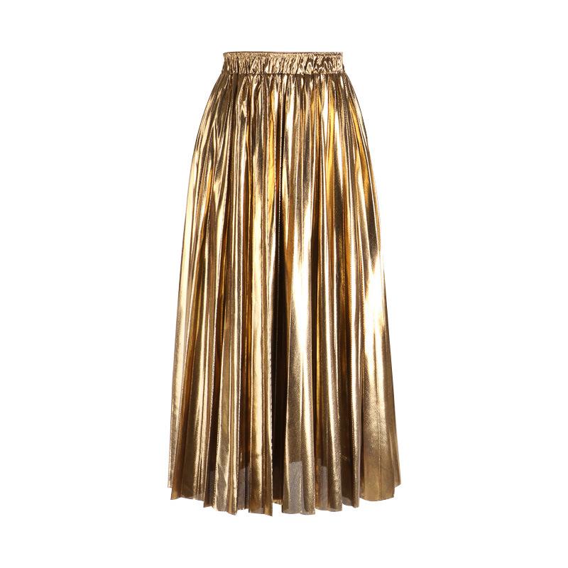 Autumn/Winter 2019 Korean High-Waist Slim Pleated A-Line Skirt with Reflective Metal Details