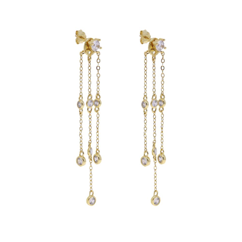 18K Gold Plated 925 Sterling Silver Fashion Women Jewelry Micro Pave 5A Tiny Round CZ Triple Tassel Chain Earring