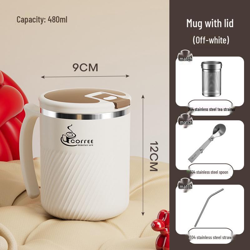 Portable Stainless Steel Mug with Lid, Spoon & Tea Infuser - Multi-Purpose Cup for Tea, Coffee, Milk, or Water.