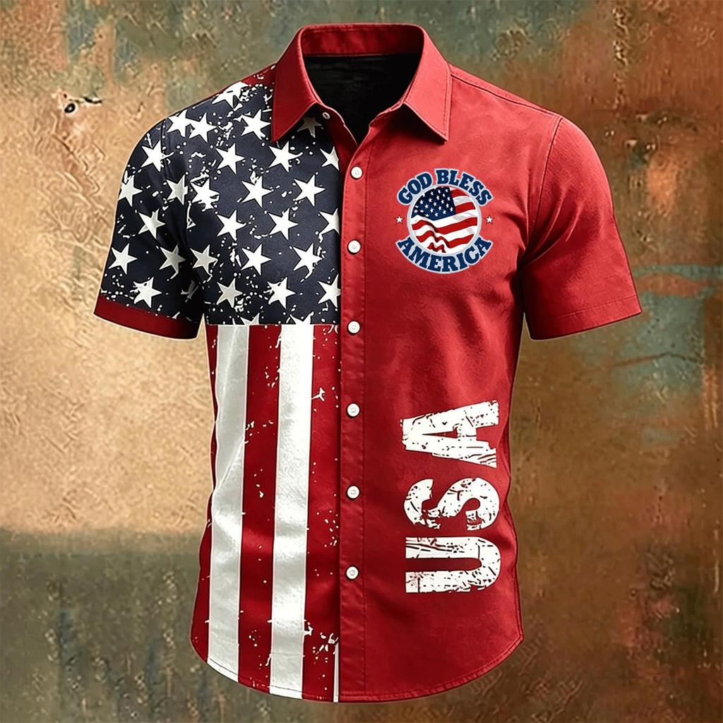 Men's Short Sleeve Button Down Shirt Collared Casual Fit with Letter Print and USA Flag Inspired Pattern for Spring Summer
