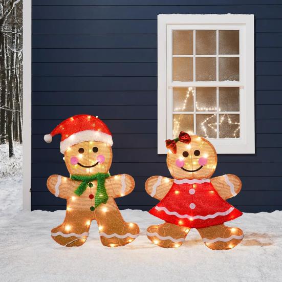 2 Pcs Christmas Gingerbread Man Yard Sign Lighted Gingerbread Boy And Girl Sign with Stake for Outdoor Lawn Patio Garden Decor