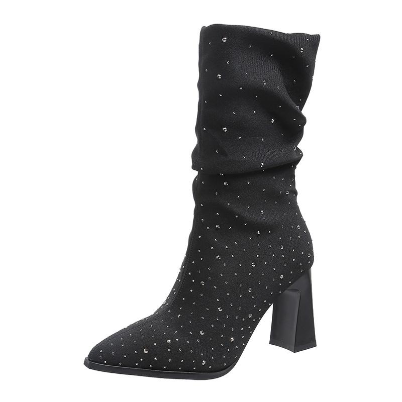 Shoes for Women Spring Autumn Women's Boot Stretch Fabric Socks Boots Mid-calf Square Heels Rhinestone Motorcycle Boots