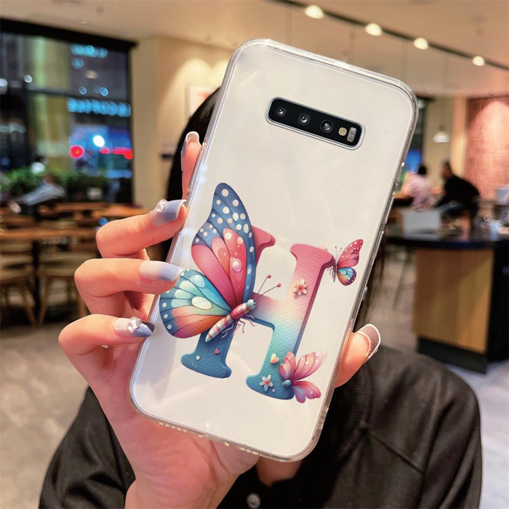 For Samsung Galaxy S10 Plus S10+ S10e Silicone Cover Transparent Clear Samsung s10 Cute Blue Butterfly Flower Letters Phone Case
