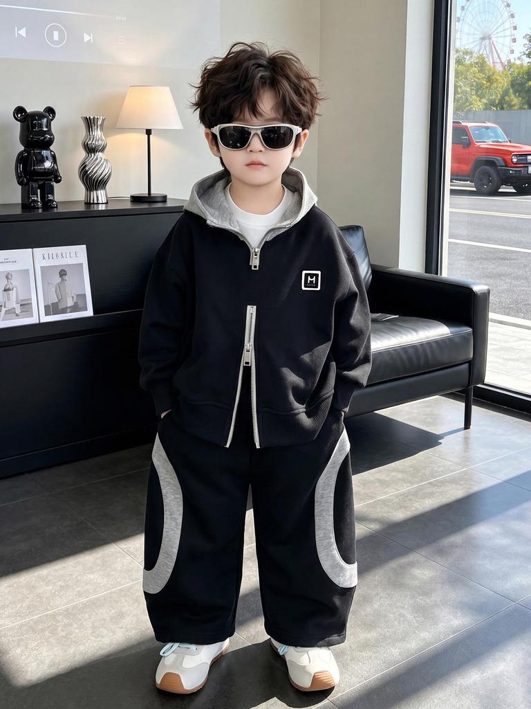 Boys' Two-Piece Spring & Autumn Set: Hooded Jacket & Casual Pants, Stylish Color Block Outfit