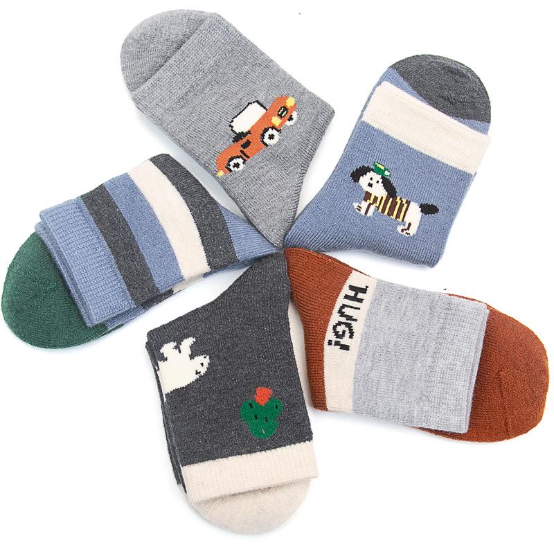 10 Pairs Six-Fingered Mouse Winter Mid-Calf Wool Socks - Dark Color Thick Children's Warm, Thickened Student Socks