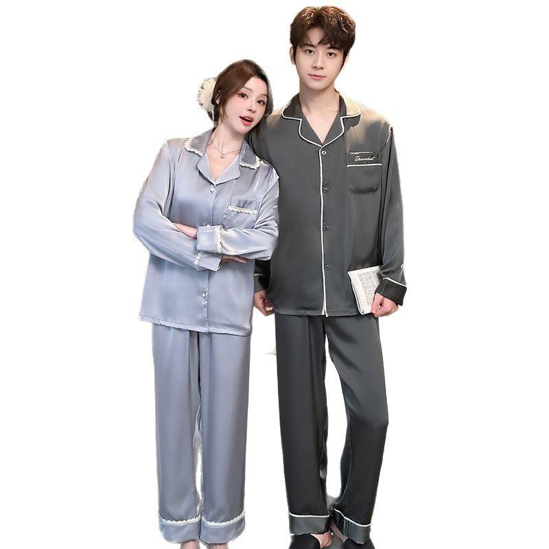 Ice silk couple pajamas women's new spring and autumn long-sleeved trousers simple cardigan can be worn outside men's loungewear suit