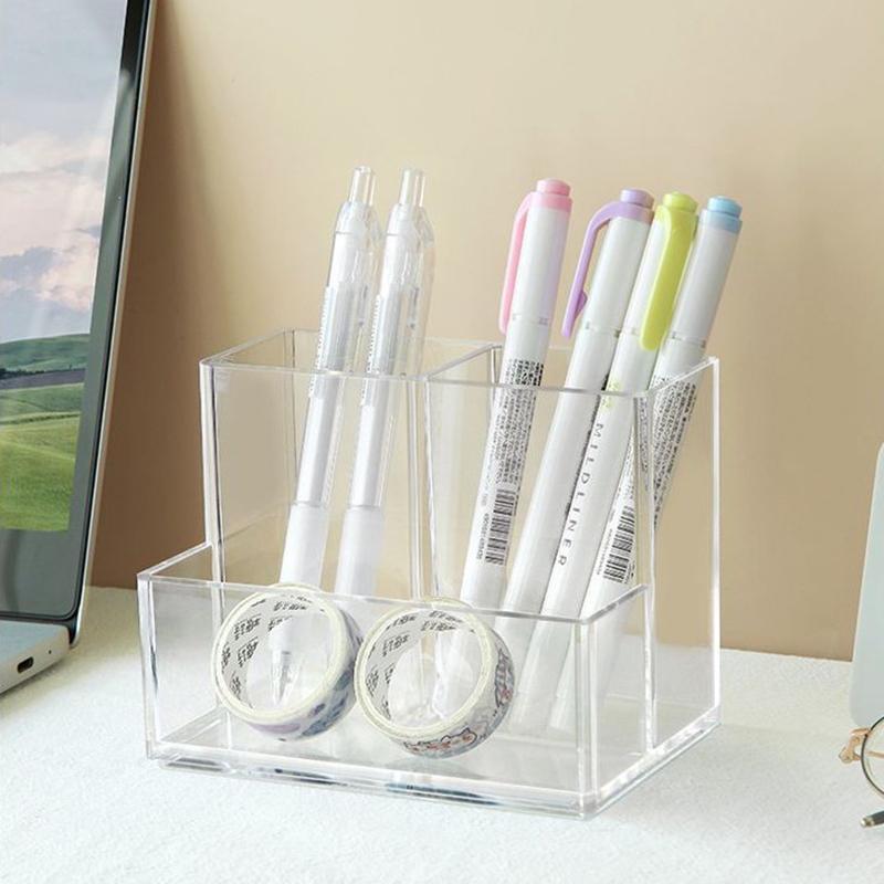 Transparent Three Grids Makeup Box Make Up Brush Bucket Cosmetic Organizer Student Desk Pen Container Storage Box