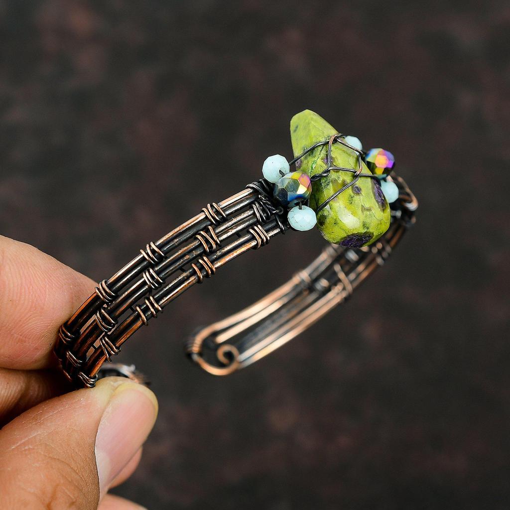 Stichtit Armreif Blauer Chalcedon & Titan Perlen Armband Kupferdraht umwickelt Schmuck Verstellbarer Armreif Edelstein Handarbeit Armreif Kupferschmuck