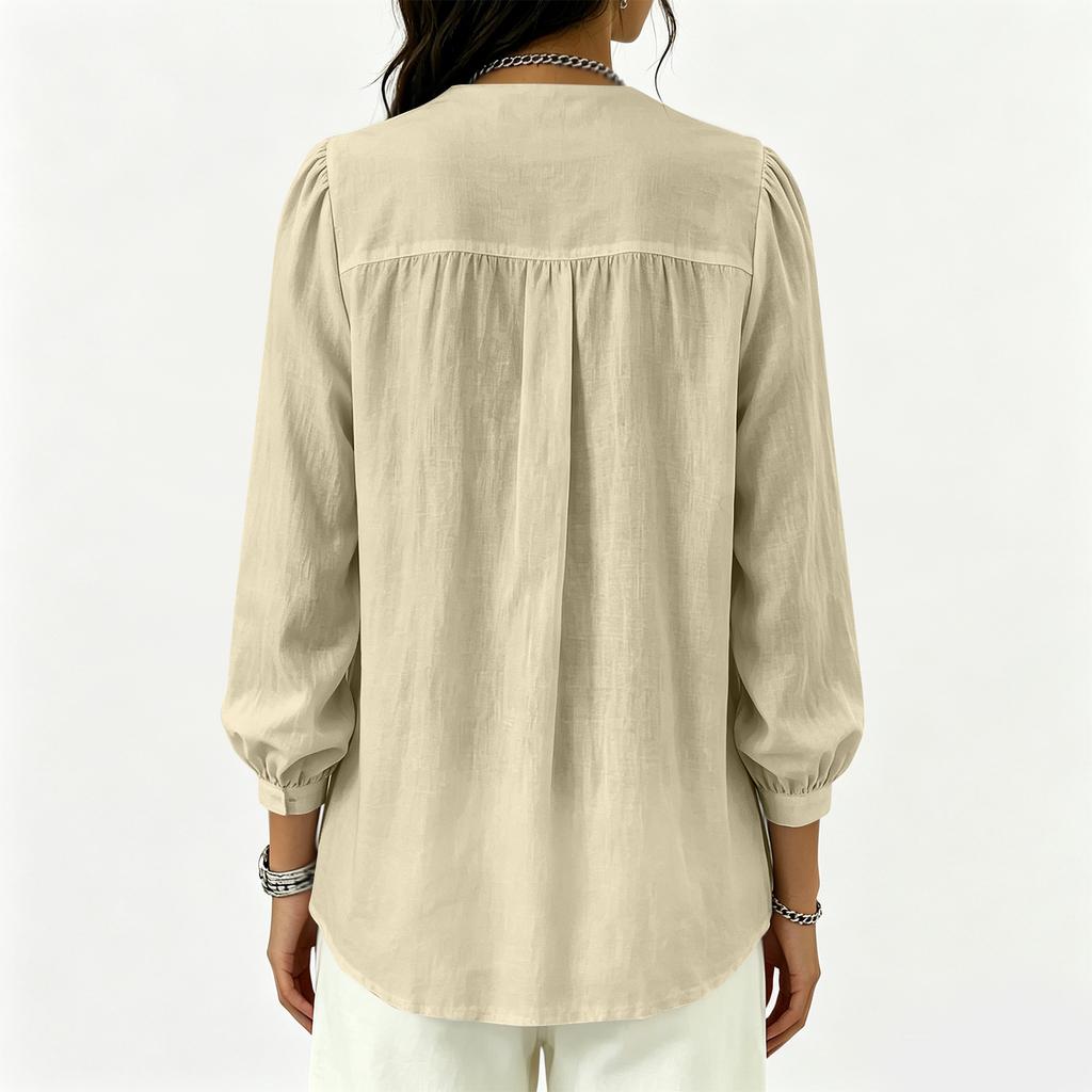 Women's Color Cotton Linen Loose Fit Long Sleeve Top with Collar