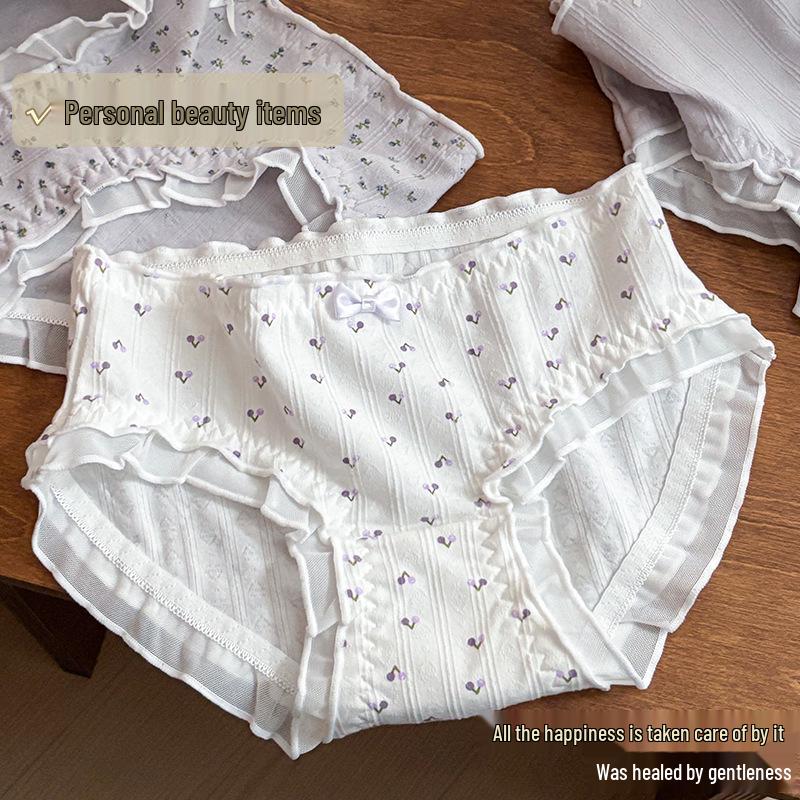 Japanese Floral Print Women's Mid-Waist Purple Cotton Triangle Underwear