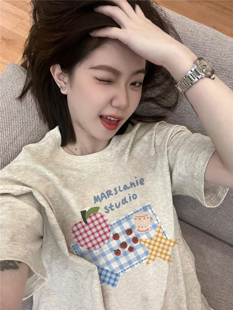 Pure cotton European goods American retro short-sleeved t-shirt women's summer loose fat mm lazy niche design half-sleeved top
