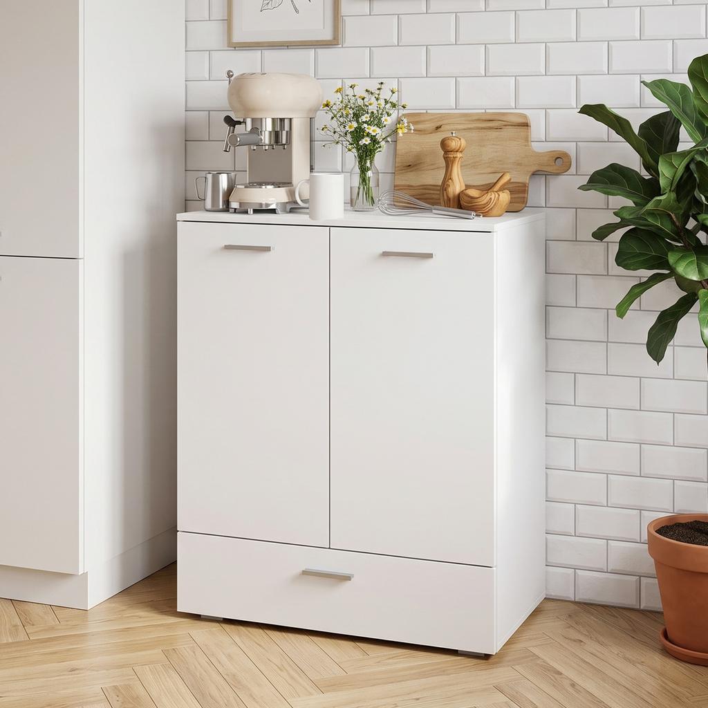 Modern Sideboard, Freestanding Storage Cabinet with Drawer and Adjustable Shelf, White