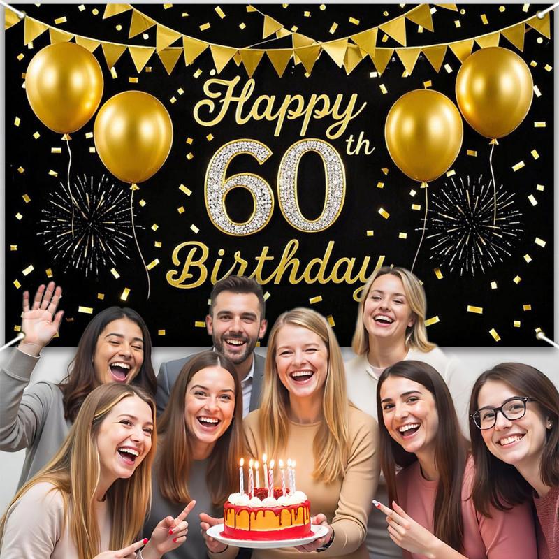 Elegant Black and Gold 60th Birthday Banner - Sparkling Anniversary Party & Photo Booth Decoration, wsj