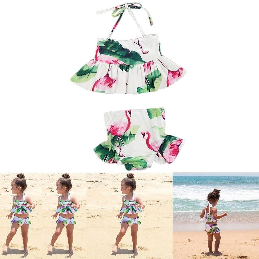 Charmantes 2-teiliges Mädchen-Bikini-Set mit Rüschen und Blumenmuster, mit entzückendem Flamingo-Design