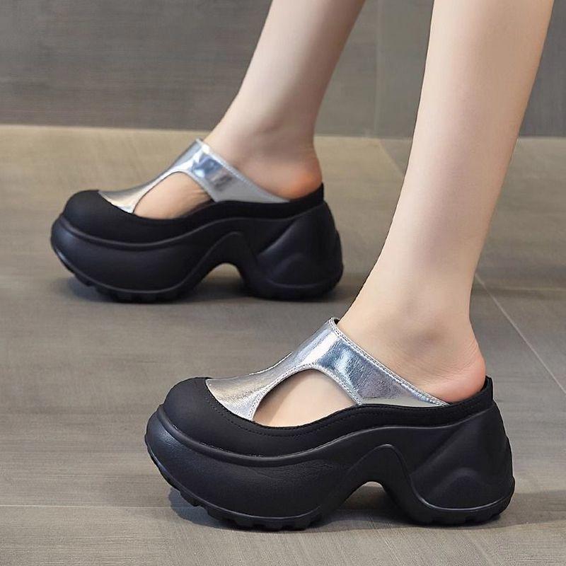 Women Closed Toe Mule Slippers Outdoor Breathable Platform Height Increasing Shoes
