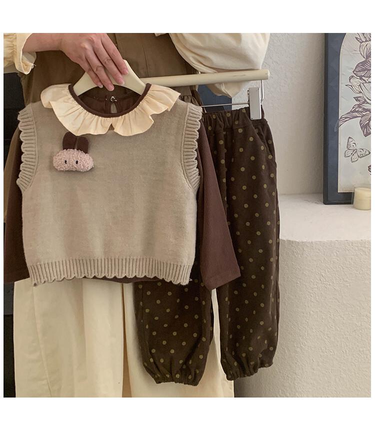2025 Autumn Girls' Korean Long-Sleeve Knit Vest & Polka Dot Pants Set