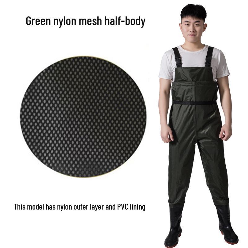 Men's Waterproof Fishing Gear: Rain Pants with Boots, Half-Body Suit, Leather Fork, Full-Body Water Shoes.