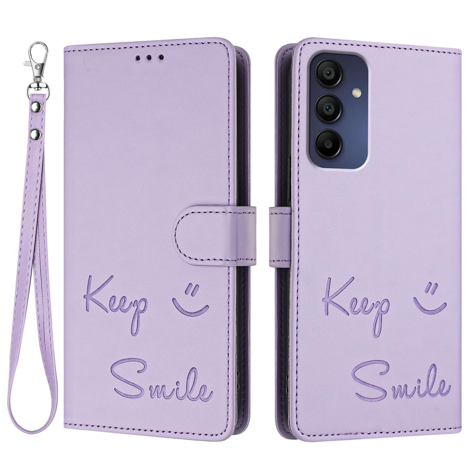 

For Samsung Galaxy A16 5G/A16 4G Case Smile Imprinted RFID Blocking Leather Phone Cover with Strap Light Purple