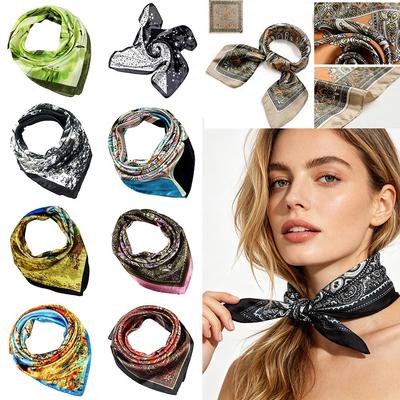60x60cm Vintage Paisley Print Satin Silk Scarf Multifunctional Square Neck Scarves for Women