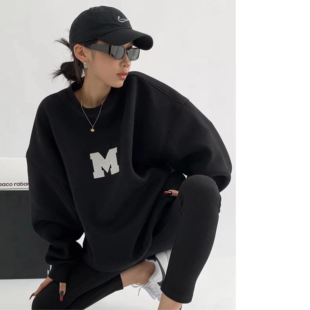 SeiunAn Logo Pullover Long Plus Sizes Loose Crew Long Sleeve Korean English Back Print Women's Sweatshirt, Hoodie, Sleeve, Lightweight,