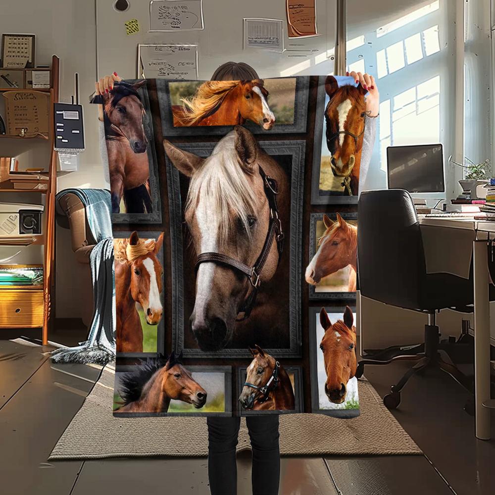 1Pc Horse Puzzle Print Flannel Blanket, High quality Comfortable for All Seasons, Home Decor, Warmth and Comfort, Perfect for Christmas Gifts