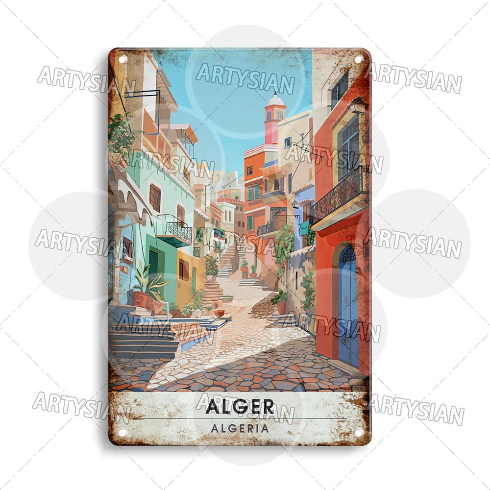 Maghreb Travel Cityscape Metal Sign Tunisia Alger Algeria Chefchaouen Morocco Marrakesh Oran Kabylie Hammamet Tunis Gafsa Plaque