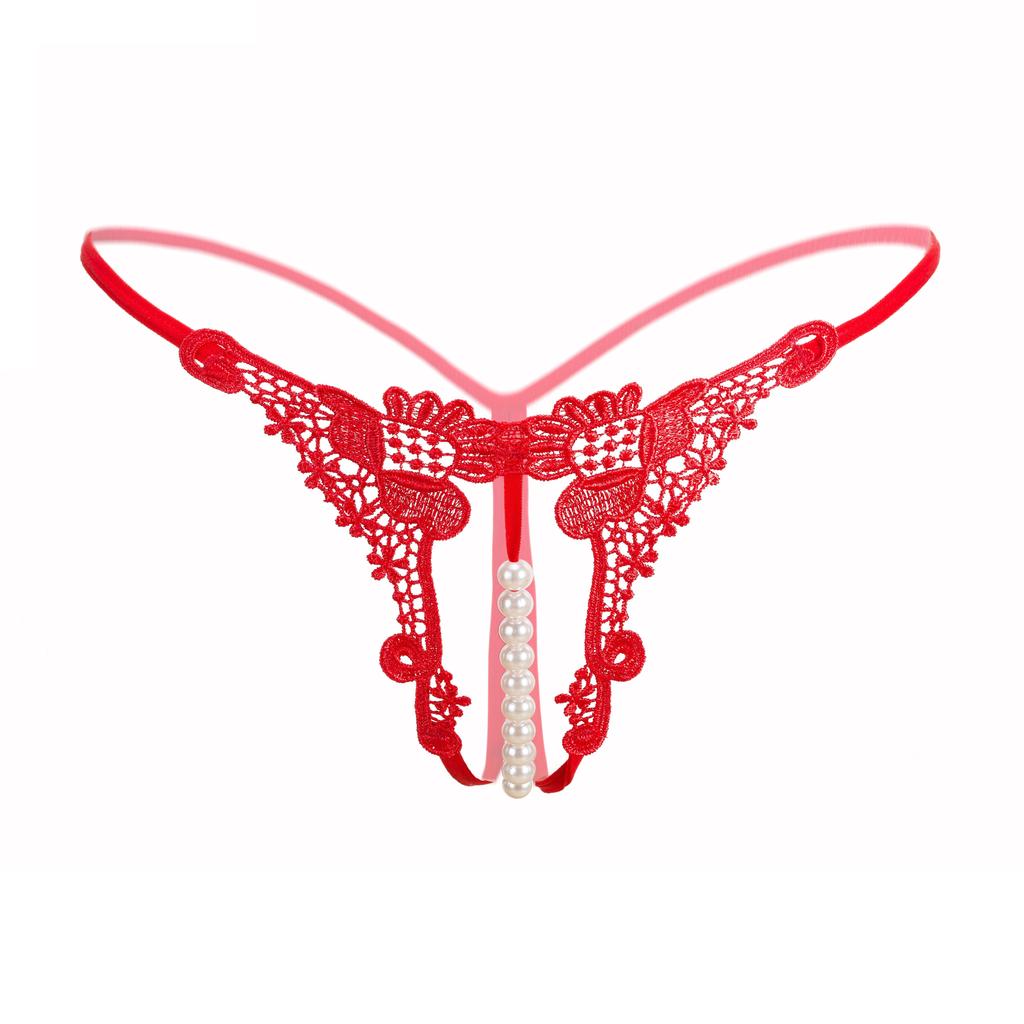 Women Panties Sexy Lingerie G-string Hong Thin Rope Hollow Open File Beaded Pearl No Trace Breathable Underwears