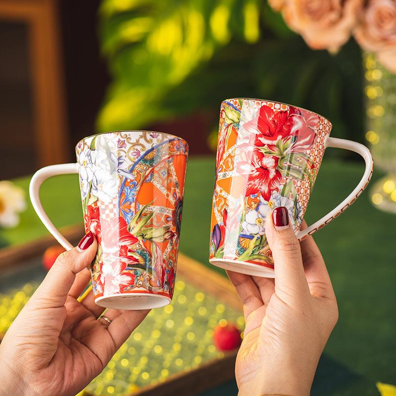 Flowering Home Drinking Cup Ceramic Retro Breakfast Cup High Value Cup Large Capacity Coffee Cup