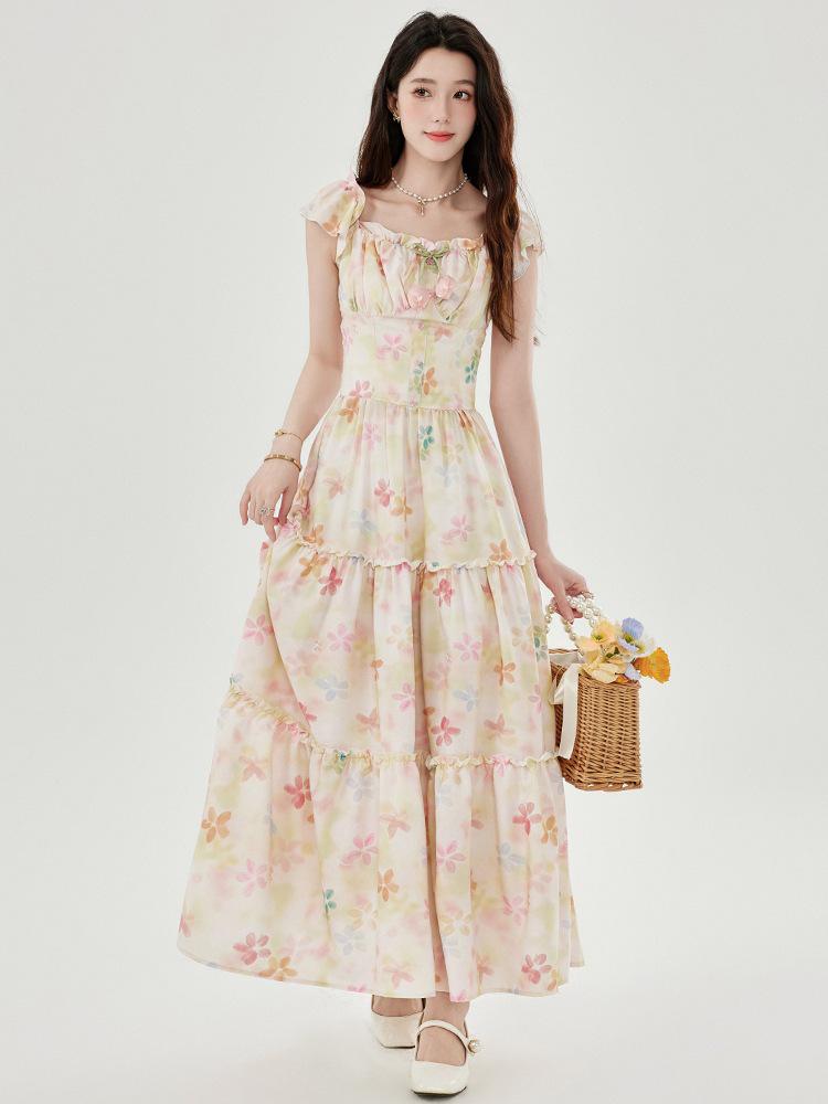 Robe débardeur amincissante à col carré français et manches bouffantes pour femme avec jupe midi florale d'été