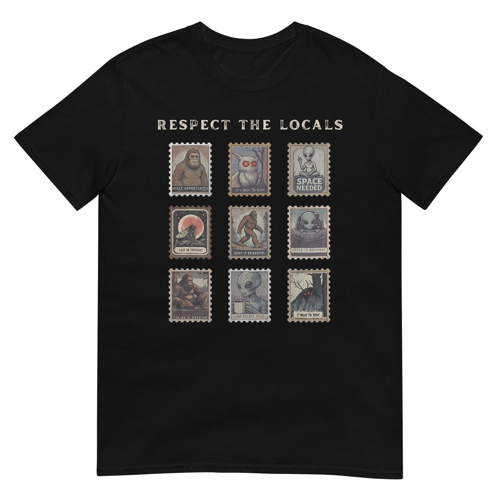 Respect The Locals Cryptid Mothman Hiking Bigfoot Introverts T-Shirt L