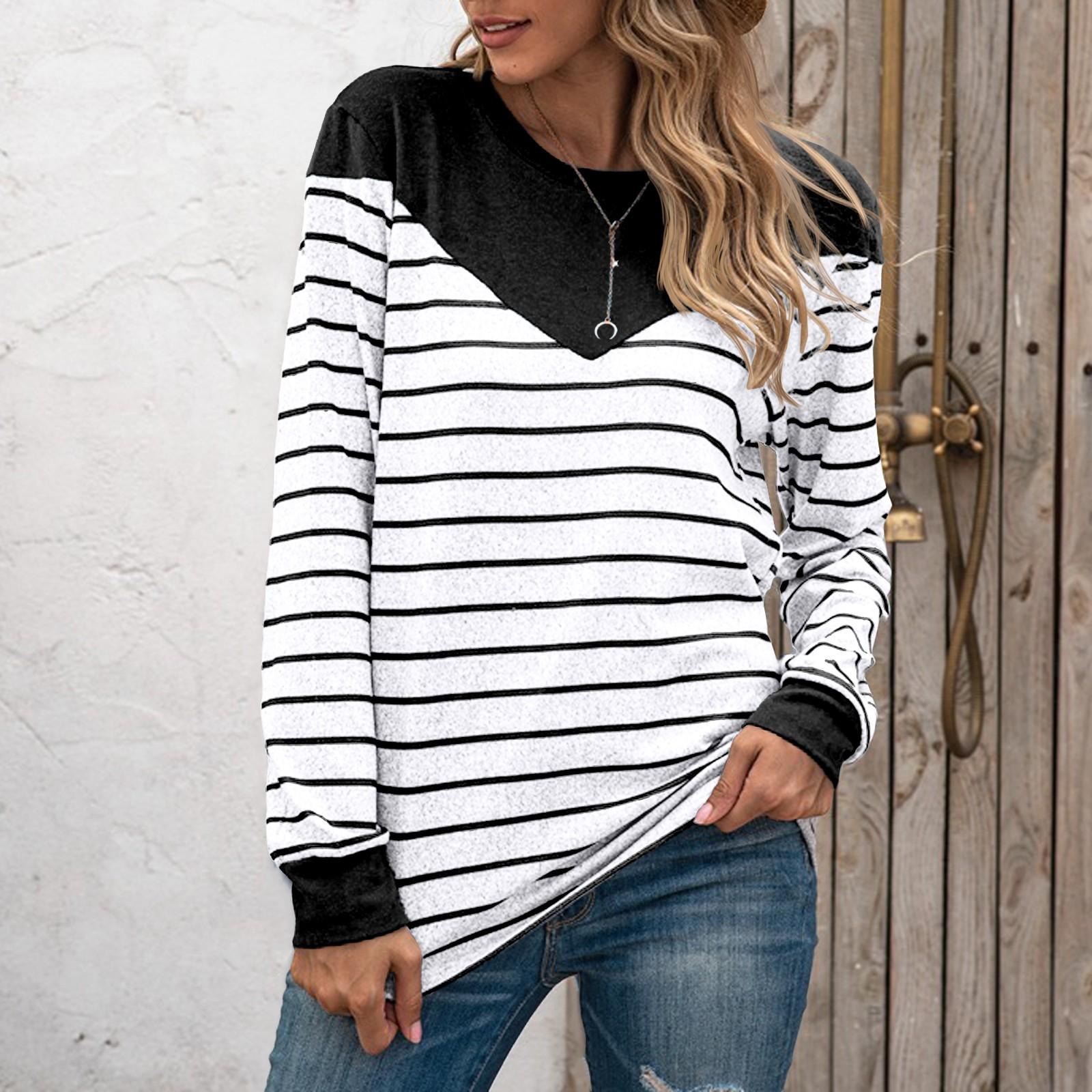 

Женская мода повседневная плюшевая круглая горловина с длинным рукавом в полоску L чёрный