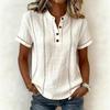 Camicetta da donna Henley a maniche corte con cuciture a contrasto, azzurro chiaro, top casual con bottoni sul davanti, scollatura rotonda, tinta unita