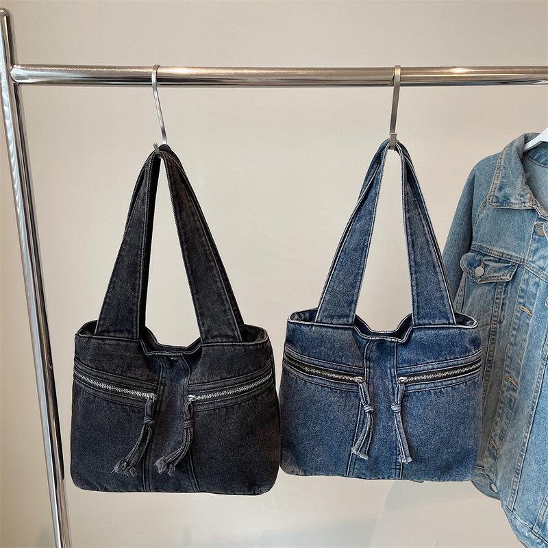 Autumn new denim satchel Japanese and Korean simple daily commute large capacity casual tote shoulder bag