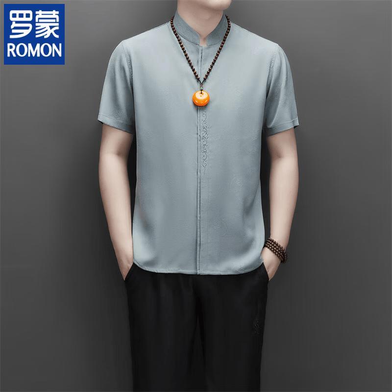 ROMON Men's Chinese Style Stand Collar Short Sleeve Shirt
