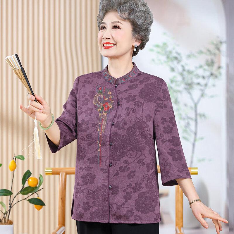 Elderly Women's Embroidered Seven-Quarter Sleeve Summer Shirt