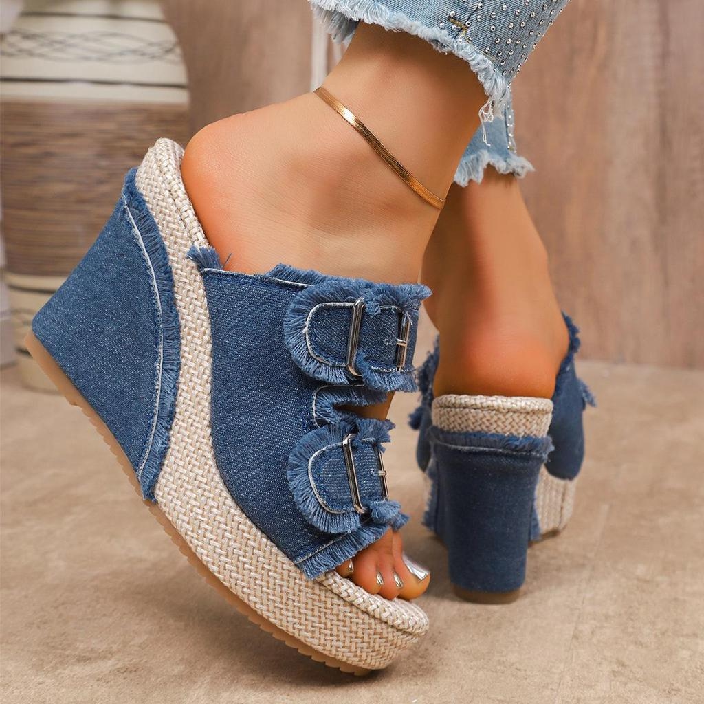 Damstorlek Kil Denim Spänne Slip-on Sandaler - Sommar Utomhus Casual