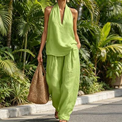 Two Piece Cotton Linen Sets for Women Sleeveless V Neck Halter Top Matching Wide Leg Pants Summer Vacation Lounge Outfits
