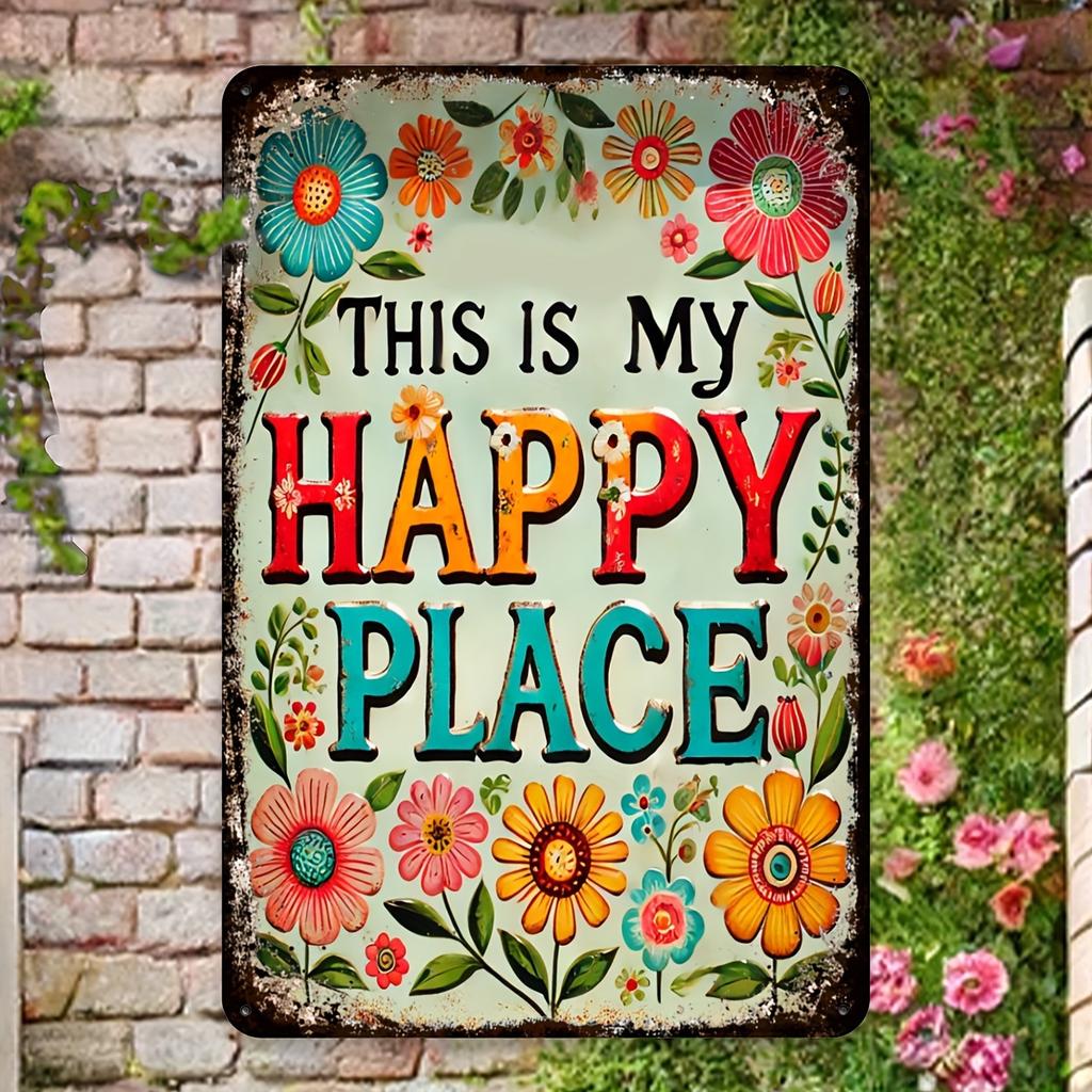 Hisun Tin Sign High Definition Metal Tin Sign This Is My Happy Place Retro Floral Garden Wall Art Decor for Home Patio Yard Vintage Flower Ir