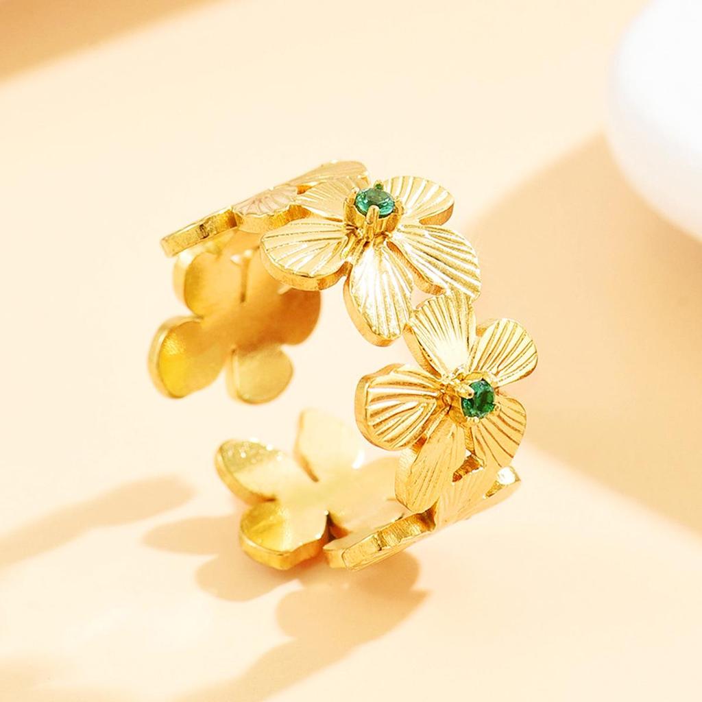 Adjustable Floral Gold-Plated Stainless Steel Ring - Fade Resistant, European & American Resort Style for Women