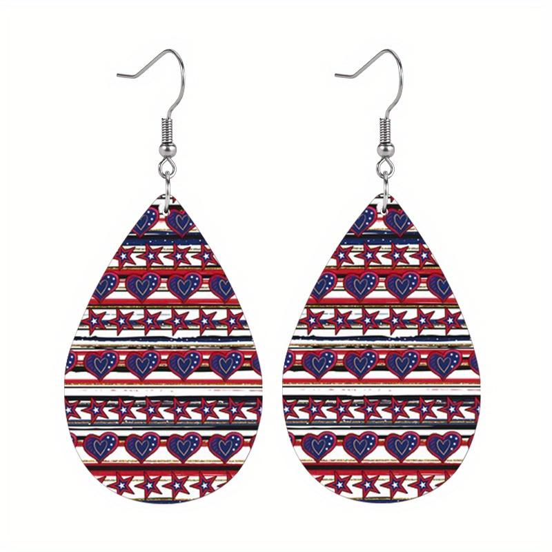 Independence Day Earrings American Flag Square and Love Heart PU Leather Earrings Fashion Earrings Holiday Gifts for Friends