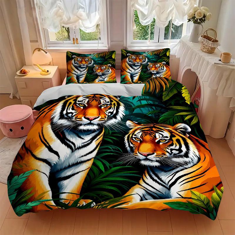 3pcs Tiger Print Bedding Set - 1 Duvet Cover + 2 Pillowcases(Core Not Included), Machine Washable Polyester yy251216190