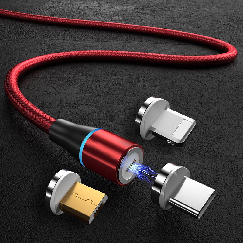 3 in 1 1M 1.8M Braided 3A Magnetic Charging Cable for Android Micro USB & Type C with LED Light Fast Charging Function 1 meter красный