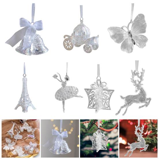 Weihnachtsdekoration, niedliche 3D-Kutsche, Ballettmädchen, Schmetterling, Elch, Glockenanhänger, transparent, bunt, Acryl-Anhänger, Weihnachtsbaum-Hängeornamente