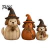 Indoor Autumn Room Ornaments 3Pcs Halloween Witch Cat Dog Statues, Resin Rustic Farmhouse Seasonal Home Soft Furnishings for Thanksgiving, Table