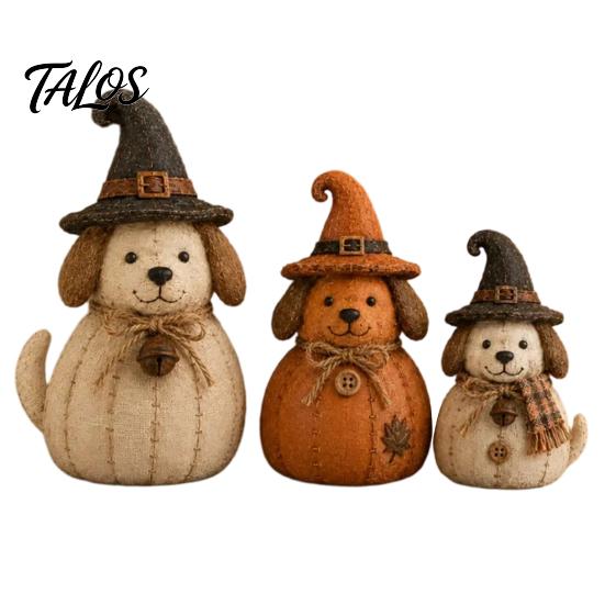 Indoor Autumn Room Ornaments 3Pcs Halloween Witch Cat Dog Statues, Resin Rustic Farmhouse Seasonal Home Soft Furnishings for Thanksgiving, Table