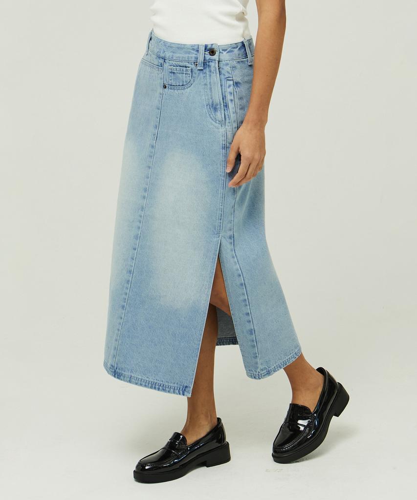 MAGOODGAN Ronas 7997 Bleach Wash Light Indigo Denim Long Skirt