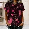 Plus Size Women Collared Short Sleeve Blouse Dark Background Pink Glitter Heart Print Button Front Casual Summer Top