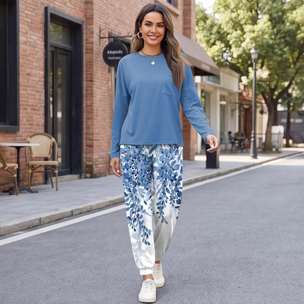 Women's Casual Loose Fit Printed Sweatshirt and Jogger Set with Chest Pocket - Round Neck 2 Piece Outfit for Daily Wear
