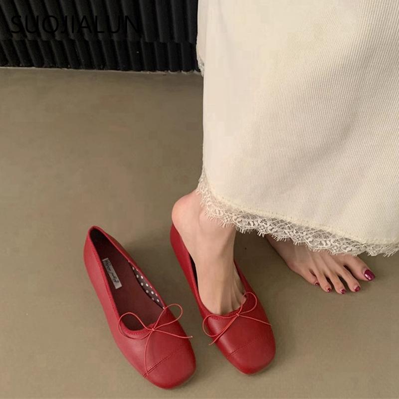 Fashion SUOJIALUN Spring New Brand Women Flat Shoes Fashion Round Toe Shallow Slip oN Ballerinas Shoes Soft Low Wedge Heel Boat Shoes