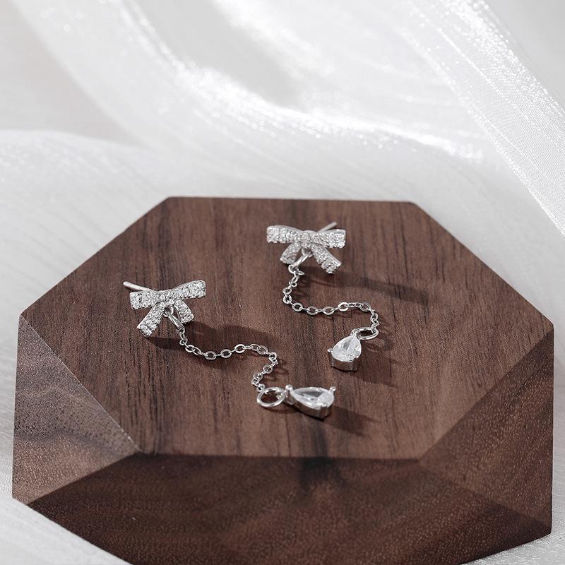 High-end Bow Water Drop Fringed Earrings for Women Simple Sweet Personality